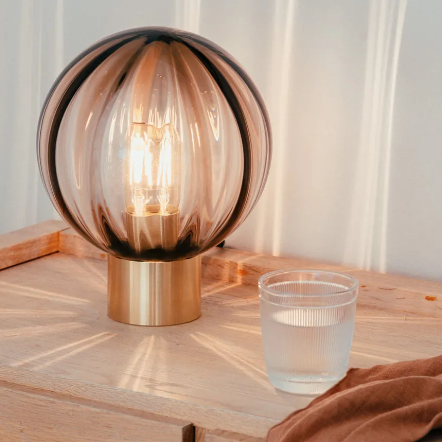 KRYSTALLKULE BORDLAMPE OPTIKK KAKAO M. MESSING SOKKEL